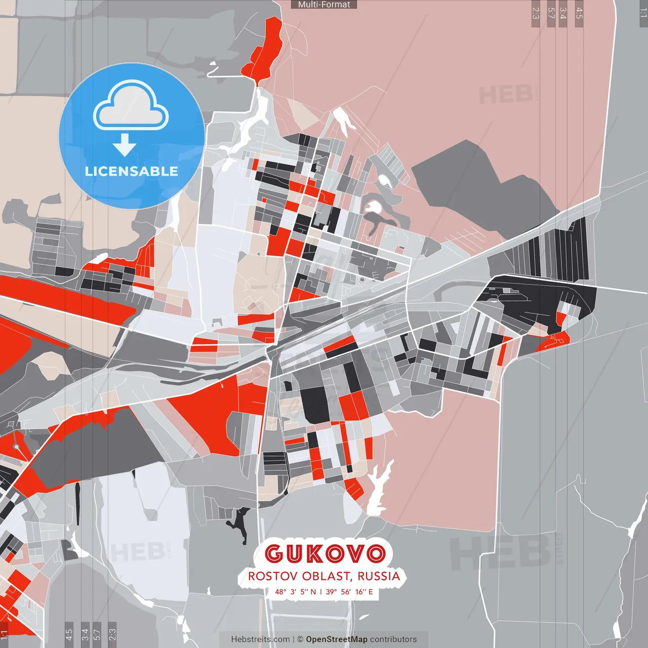 Gukovo, Rostov Oblast, Russia - modern street map poster template with gray and red tones
