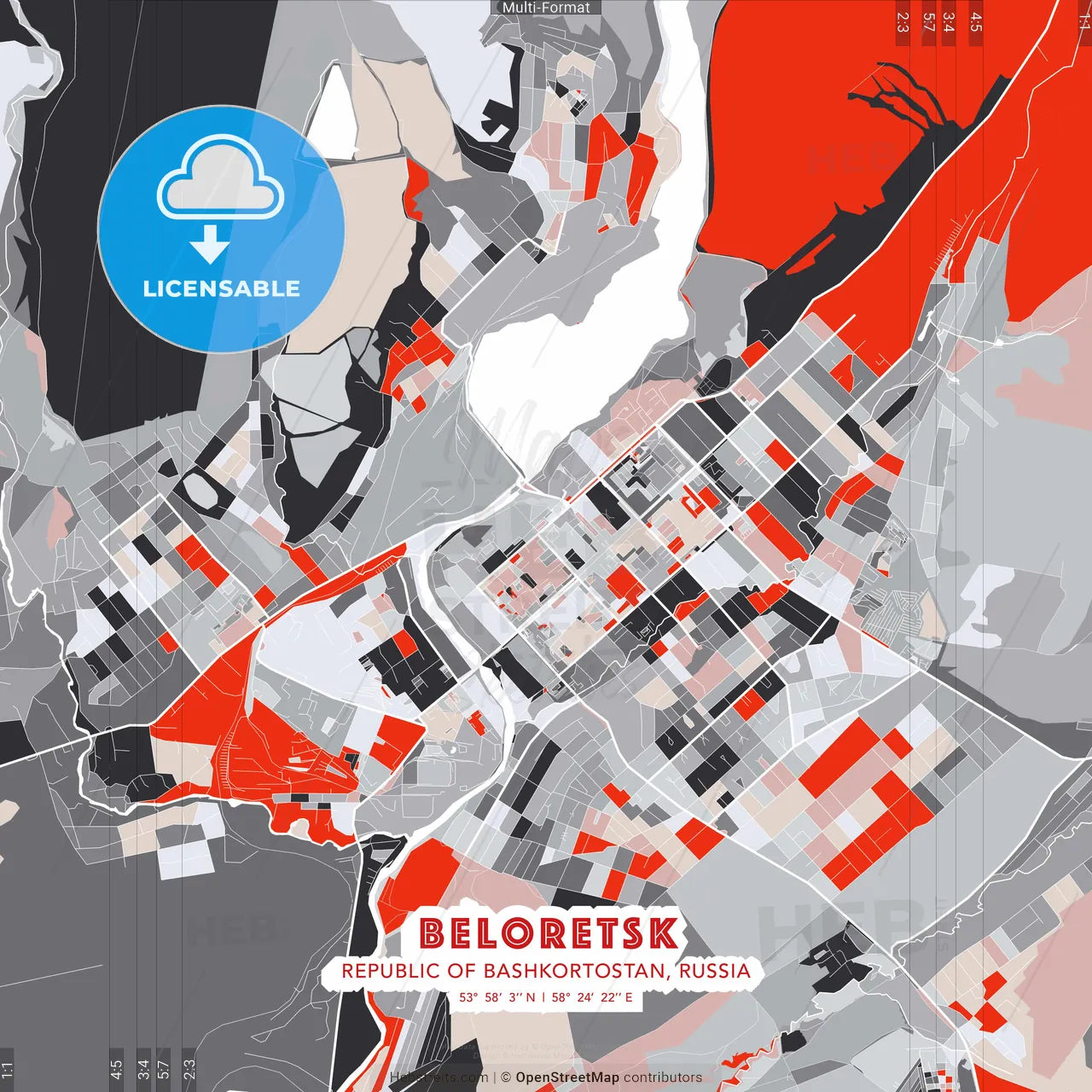 Beloretsk, Republic of Bashkortostan, Russia - modern street map poster template with gray and red tones
