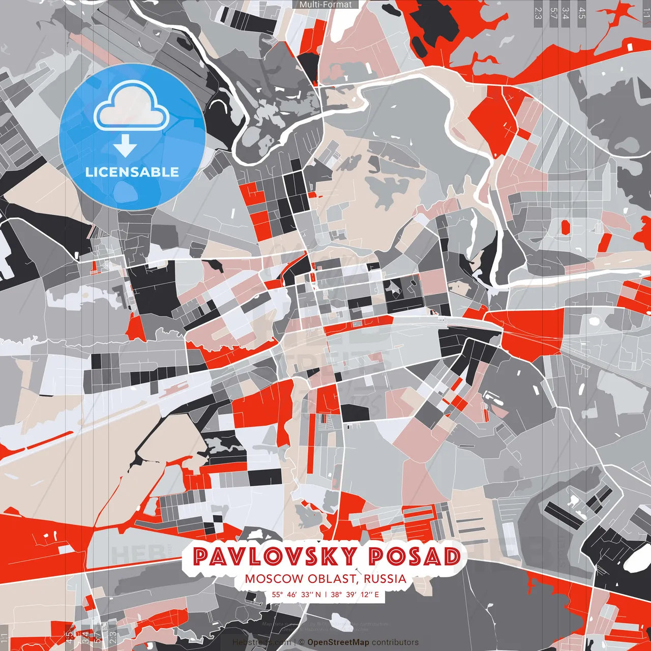 Pavlovsky Posad, Moscow Oblast, Russia - modern street map poster template with gray and red tones