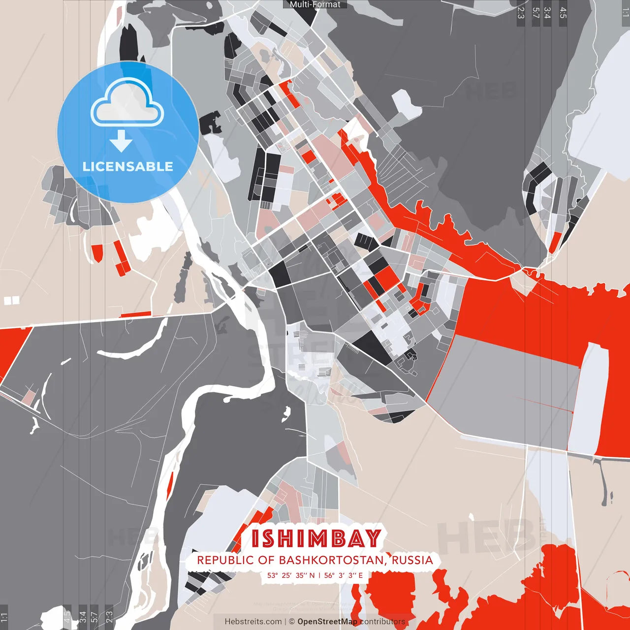 Ishimbay, Republic of Bashkortostan, Russia - modern street map poster template with gray and red tones