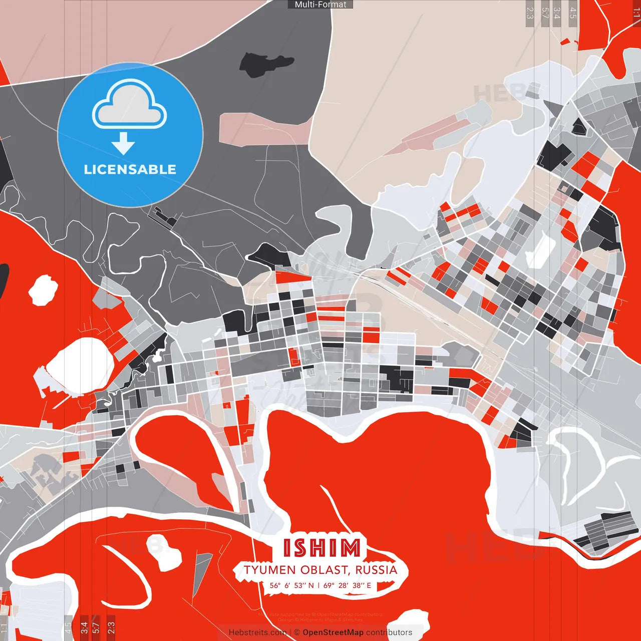 Ishim, Tyumen Oblast, Russia - modern street map poster template with gray and red tones