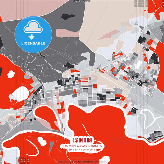 Ishim, Tyumen Oblast, Russia - modern street map poster template with gray and red tones