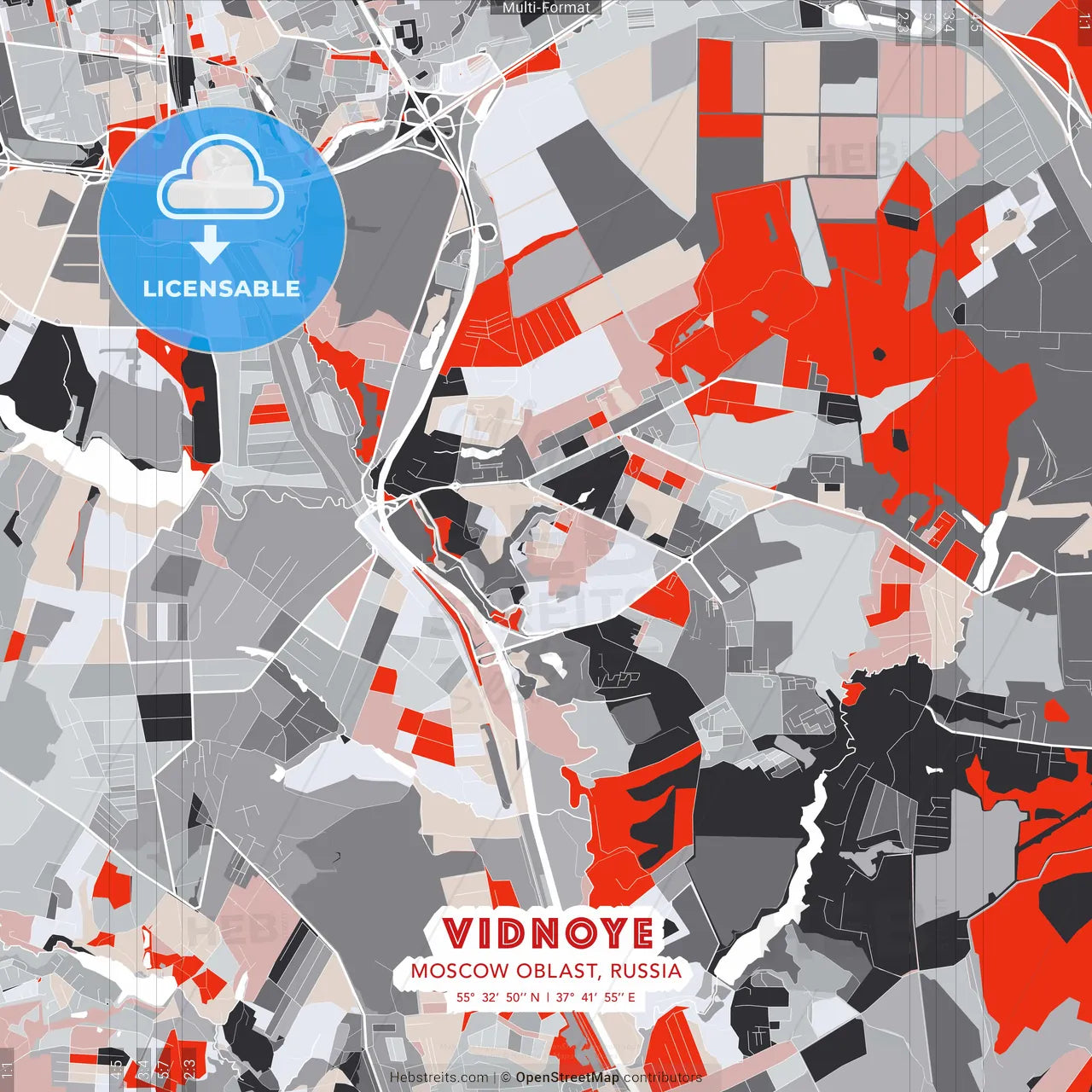 Vidnoye, Moscow Oblast, Russia - modern street map poster template with gray and red tones