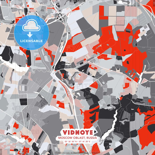 Vidnoye, Moscow Oblast, Russia - modern street map poster template with gray and red tones