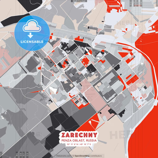 Zarechny, Penza Oblast, Russia - modern street map poster template with gray and red tones