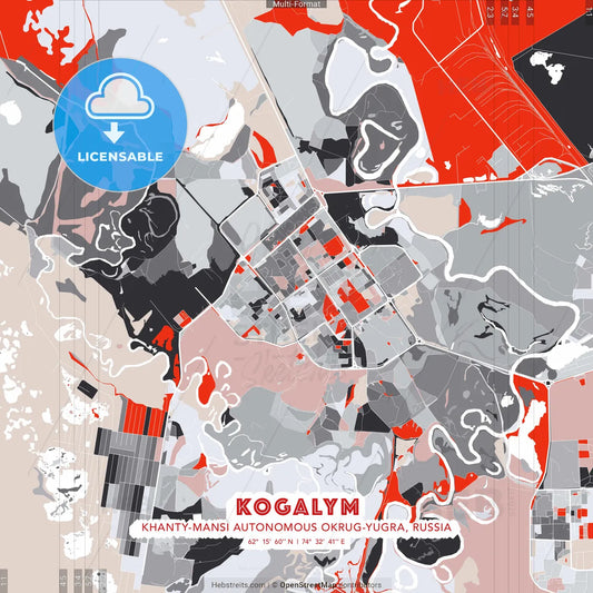 Kogalym, Khanty-Mansi Autonomous Okrug-Yugra, Russia - modern street map poster template with gray and red tones