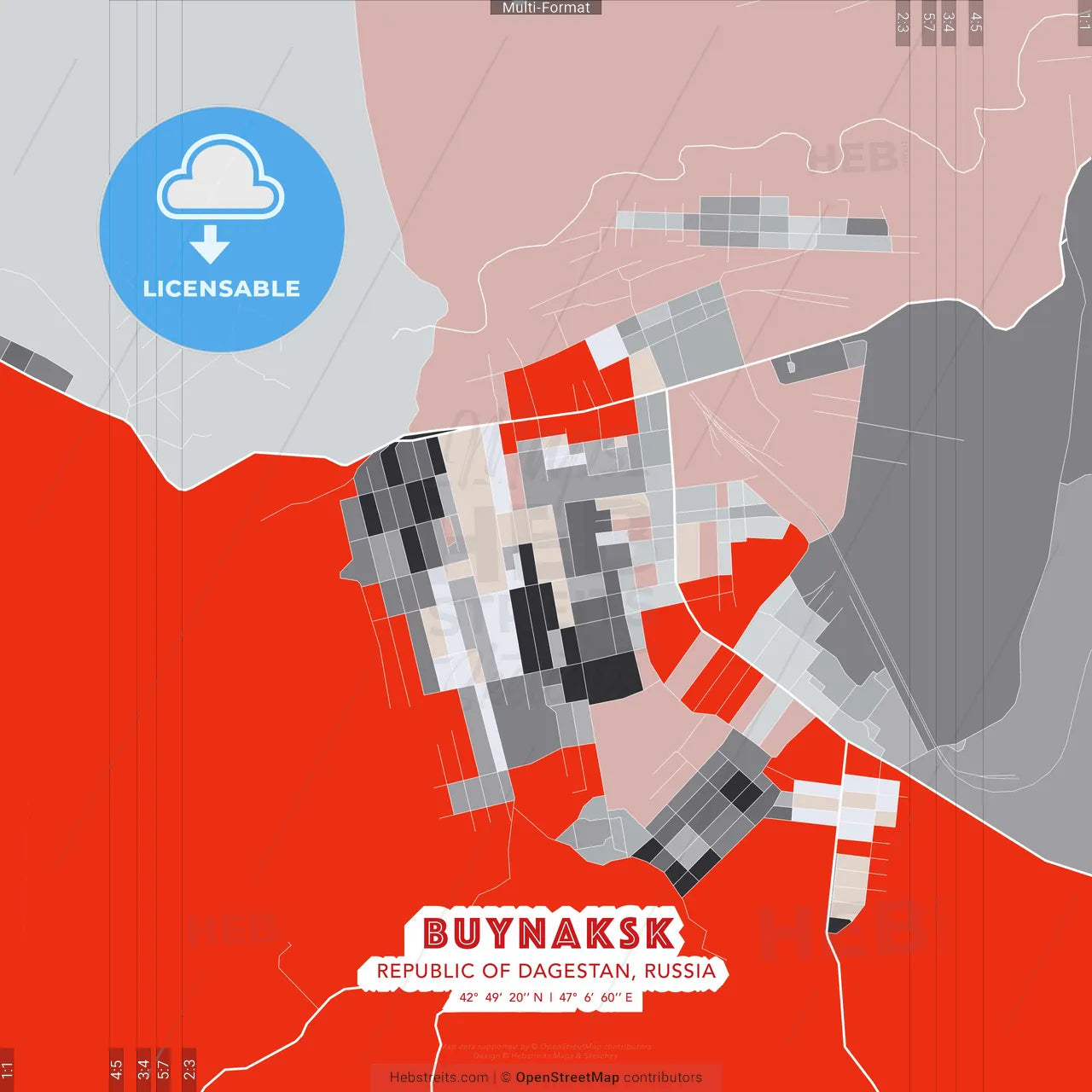 Buynaksk, Republic of Dagestan, Russia - modern street map poster template with gray and red tones