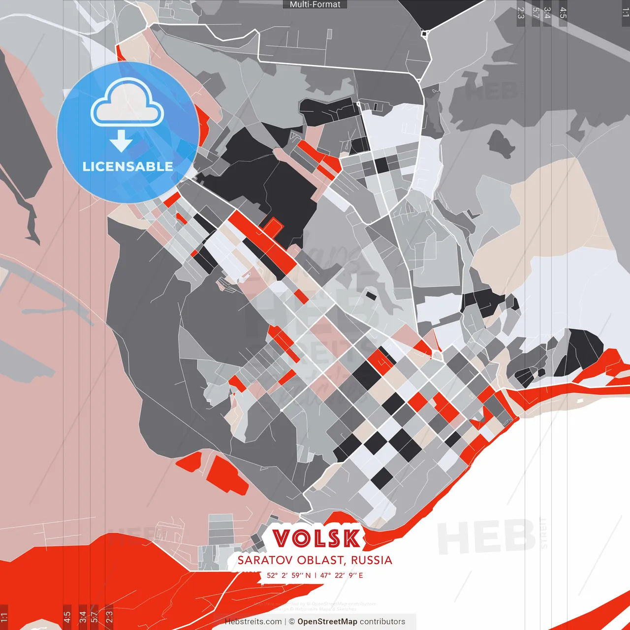 Volsk, Saratov Oblast, Russia - modern street map poster template with gray and red tones