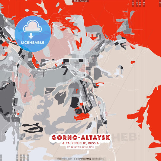 Gorno-Altaysk, Altai Republic, Russia - modern street map poster template with gray and red tones
