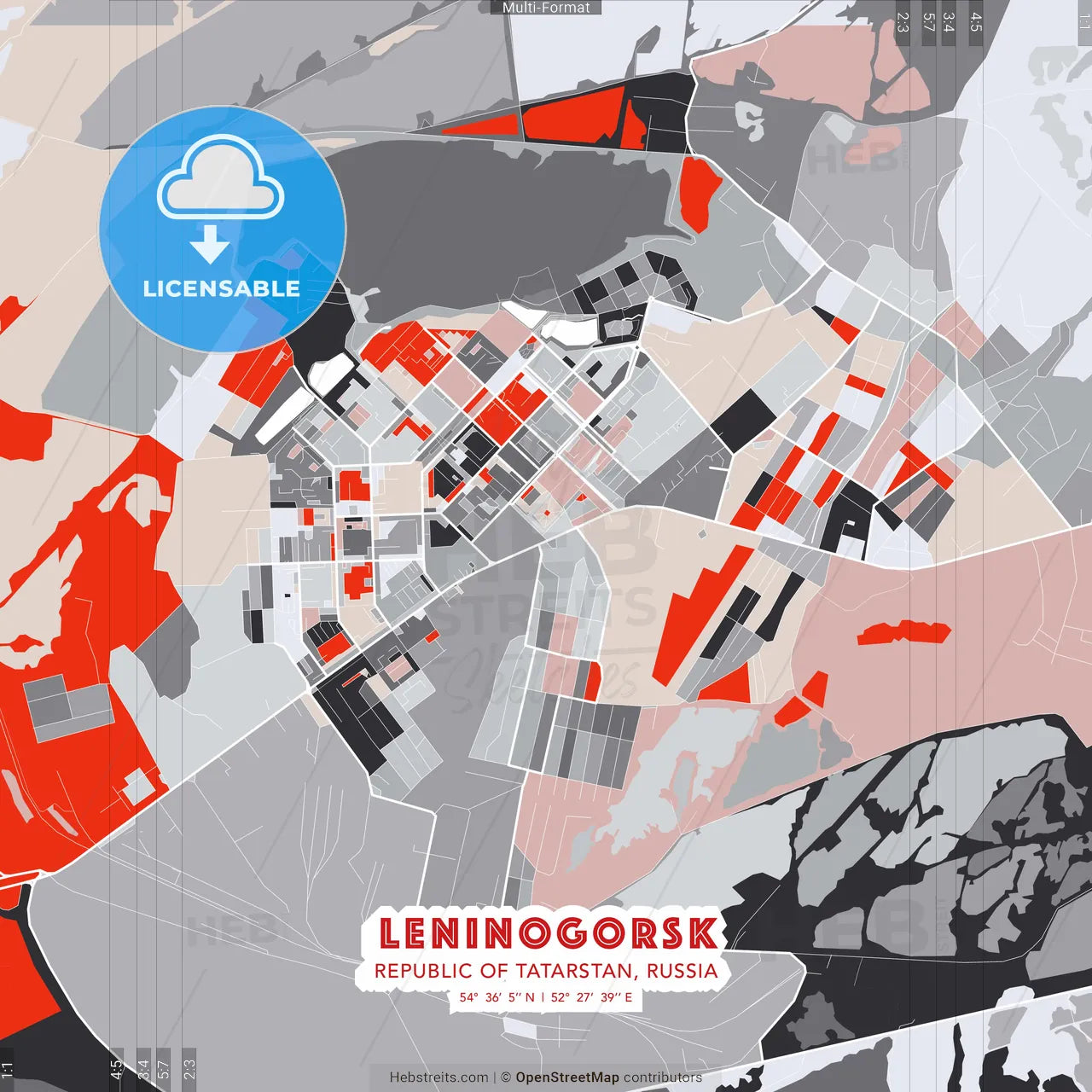 Leninogorsk, Republic of Tatarstan, Russia - modern street map poster template with gray and red tones