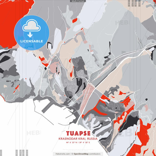 Tuapse, Krasnodar Krai, Russia - modern street map poster template with gray and red tones