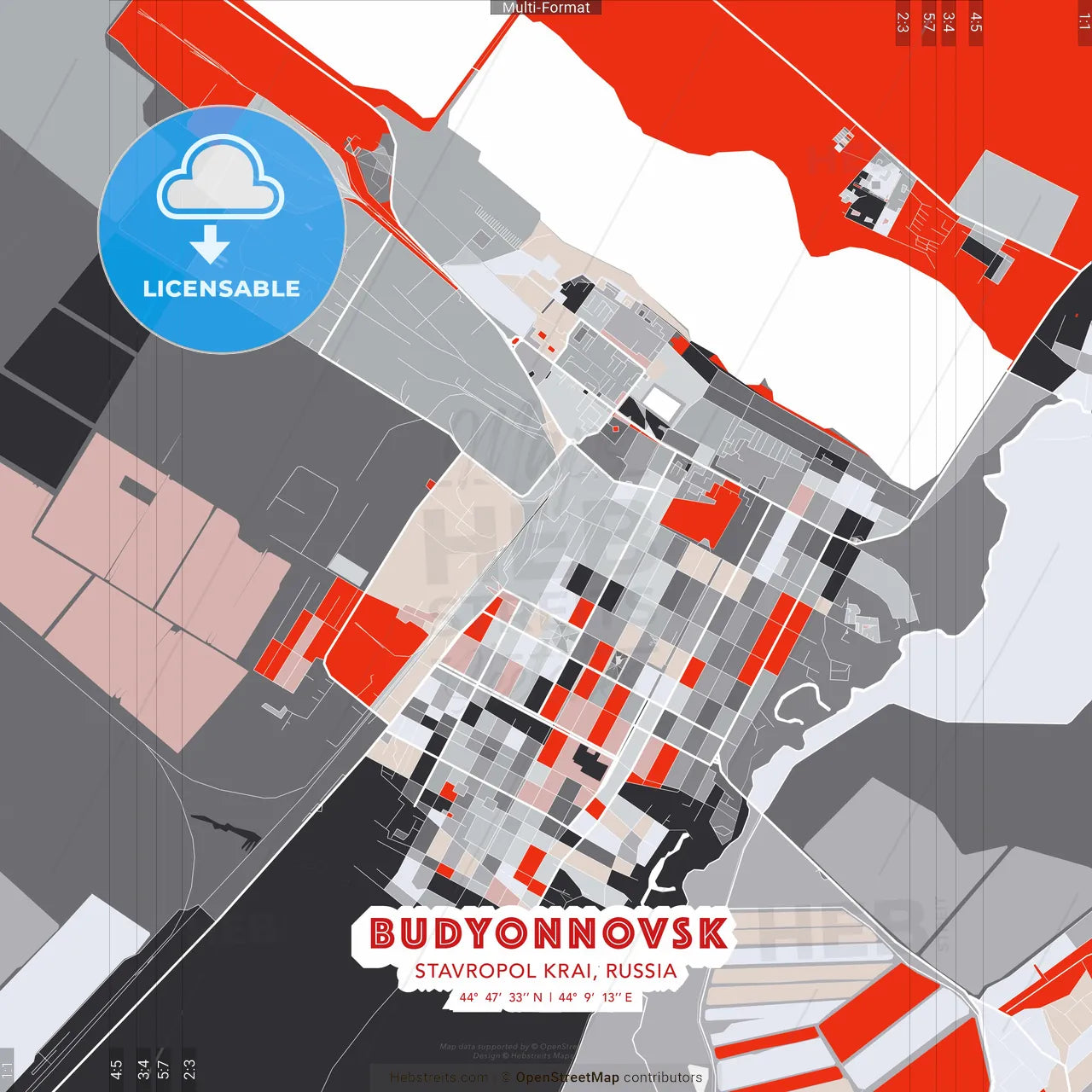 Budyonnovsk, Stavropol Krai, Russia - modern street map poster template with gray and red tones