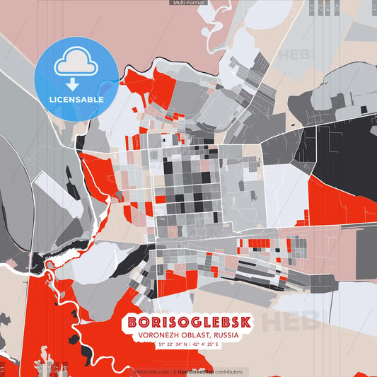 Borisoglebsk, Voronezh Oblast, Russia - modern street map poster template with gray and red tones