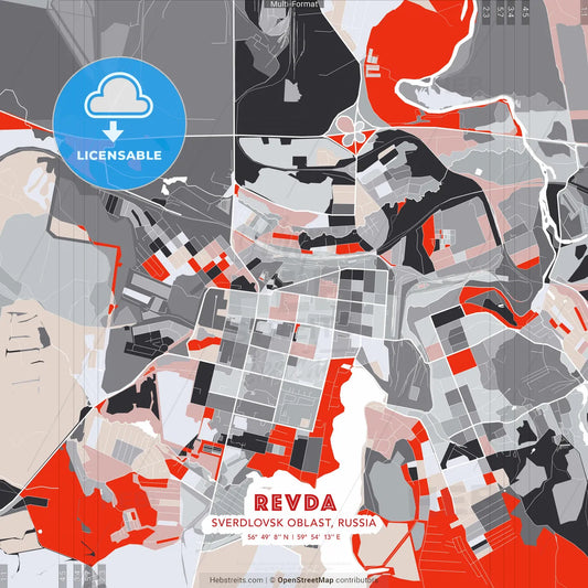Revda, Sverdlovsk Oblast, Russia - modern street map poster template with gray and red tones