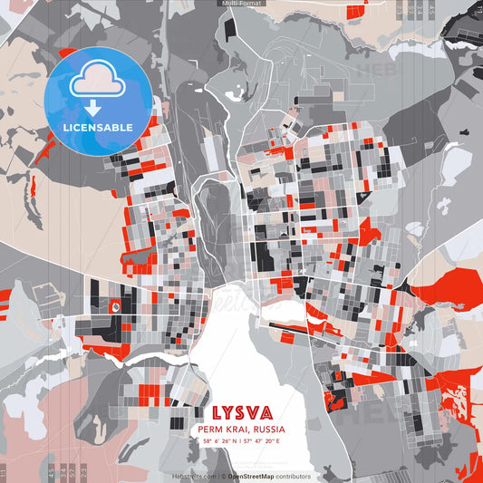 Lysva, Perm Krai, Russia - modern street map poster template with gray and red tones