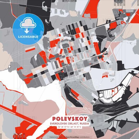 Polevskoy, Sverdlovsk Oblast, Russia - modern street map poster template with gray and red tones