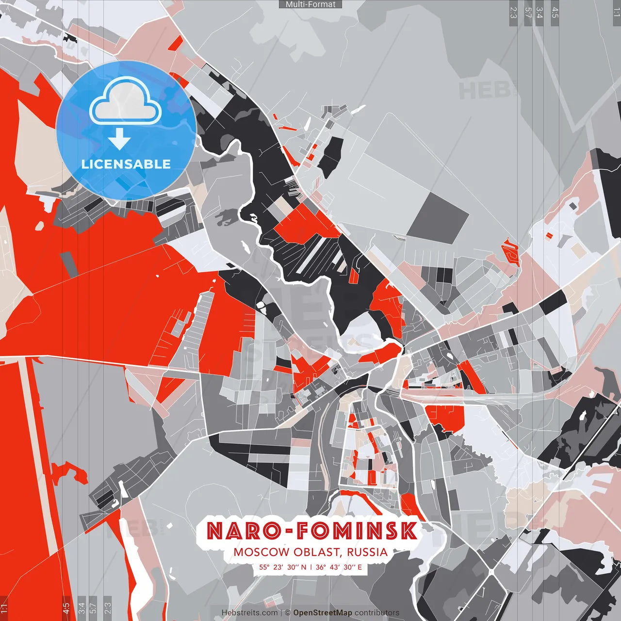 Naro-Fominsk, Moscow Oblast, Russia - modern street map poster template with gray and red tones