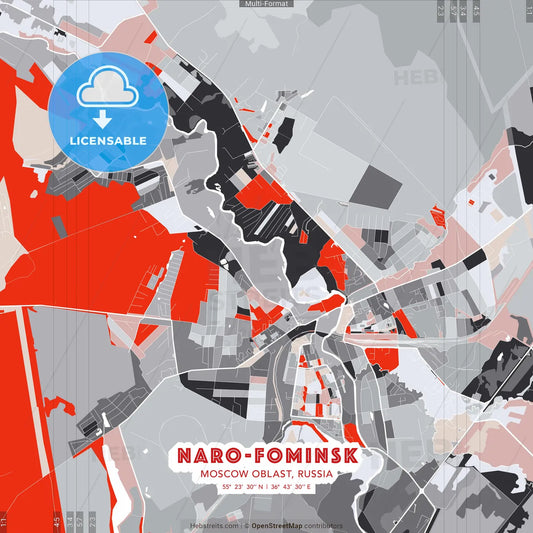 Naro-Fominsk, Moscow Oblast, Russia - modern street map poster template with gray and red tones