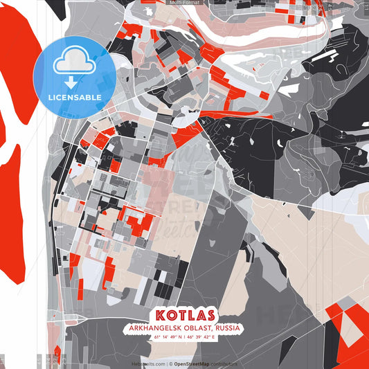 Kotlas, Arkhangelsk Oblast, Russia - modern street map poster template with gray and red tones