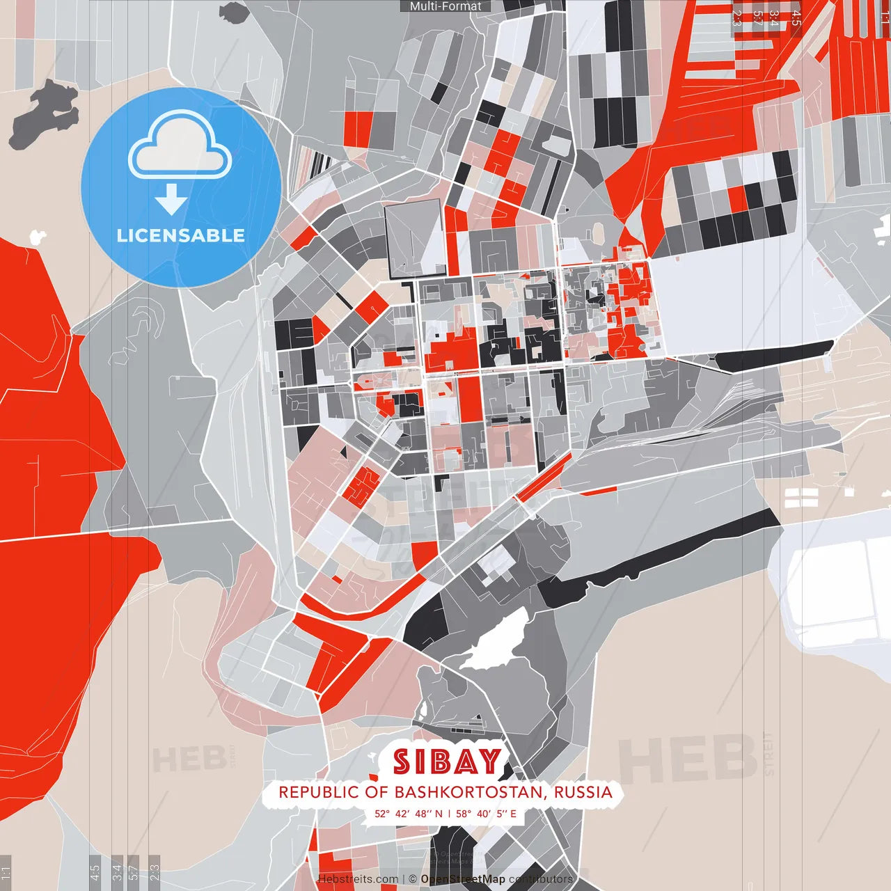 Sibay, Republic of Bashkortostan, Russia - modern street map poster template with gray and red tones