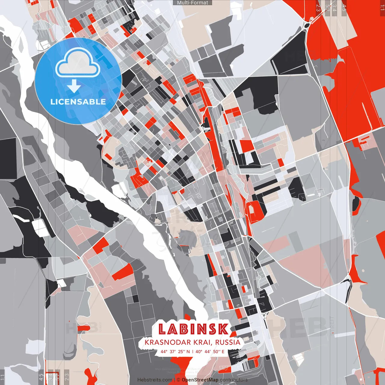 Labinsk, Krasnodar Krai, Russia - modern street map poster template with gray and red tones