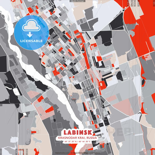 Labinsk, Krasnodar Krai, Russia - modern street map poster template with gray and red tones