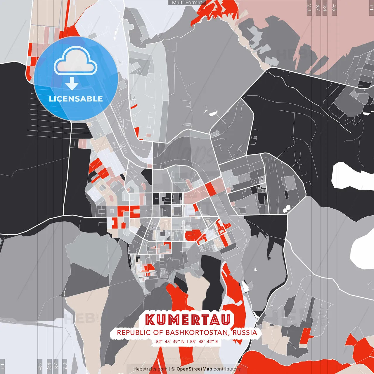 Kumertau, Republic of Bashkortostan, Russia - modern street map poster template with gray and red tones