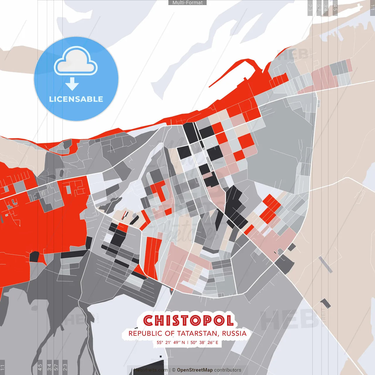 Chistopol, Republic of Tatarstan, Russia - modern street map poster template with gray and red tones