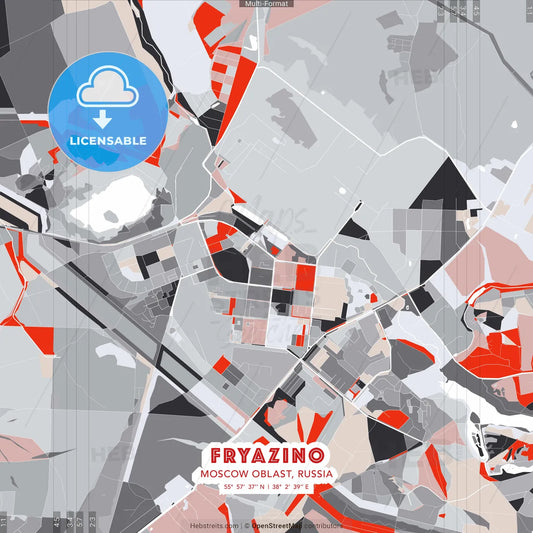 Fryazino, Moscow Oblast, Russia - modern street map poster template with gray and red tones