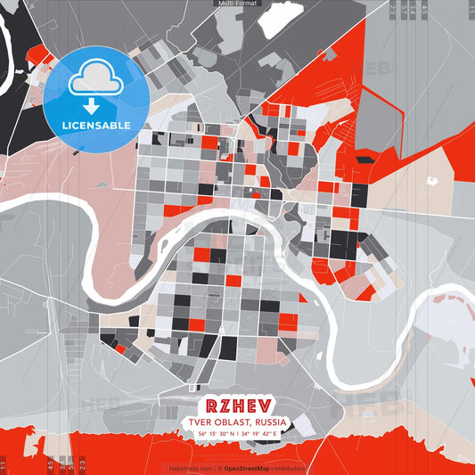 Rzhev, Tver Oblast, Russia - modern street map poster template with gray and red tones