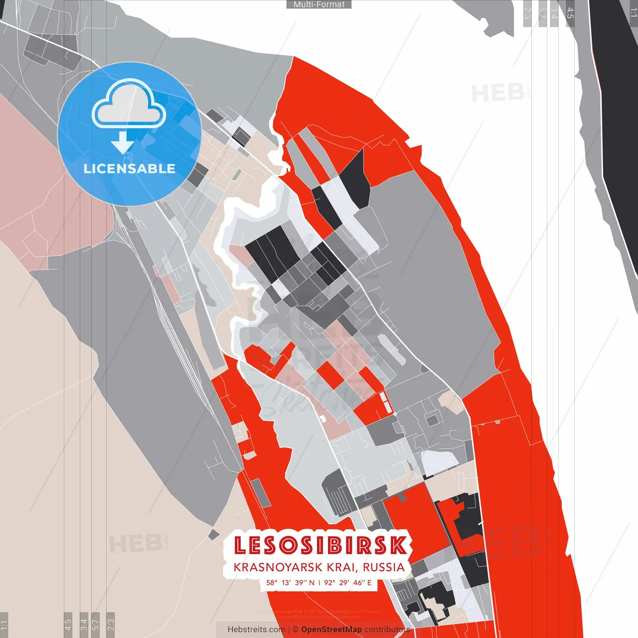 Lesosibirsk, Krasnoyarsk Krai, Russia - modern street map poster template with gray and red tones