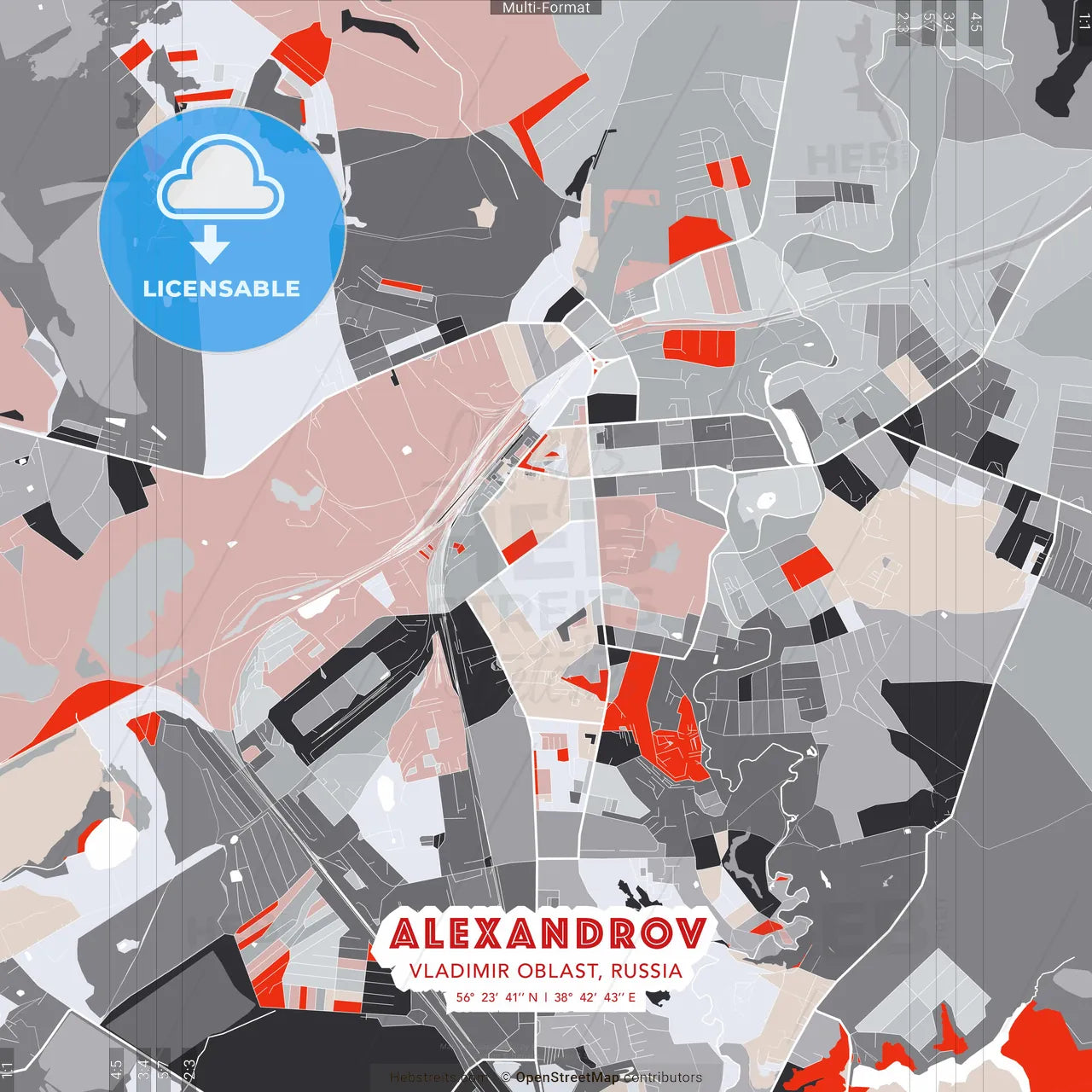 Alexandrov, Vladimir Oblast, Russia - modern street map poster template with gray and red tones