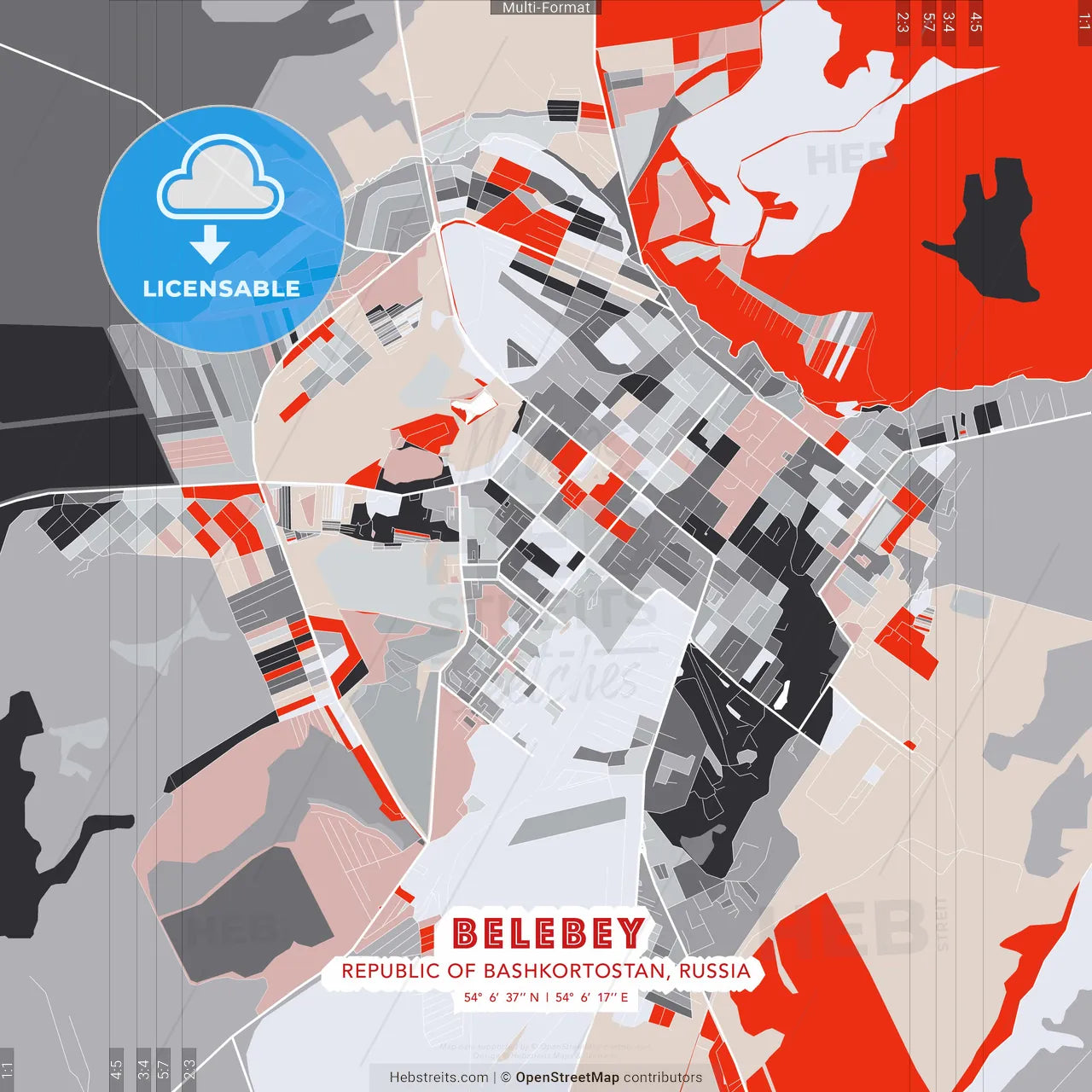 Belebey, Republic of Bashkortostan, Russia - modern street map poster template with gray and red tones