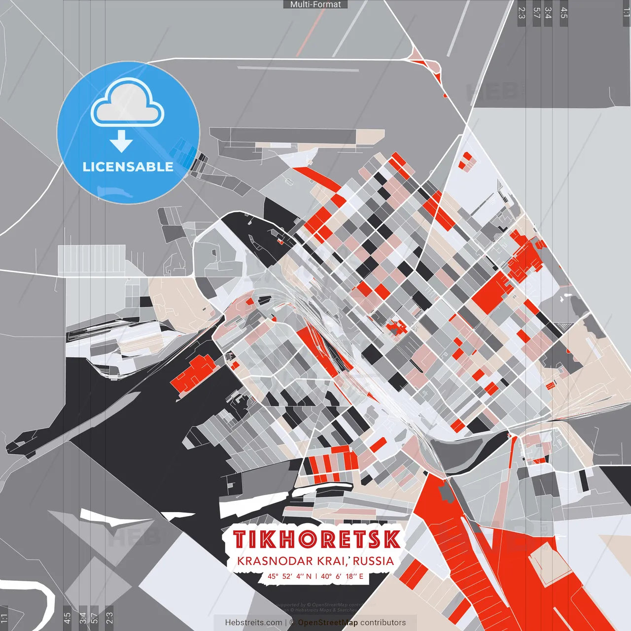 Tikhoretsk, Krasnodar Krai, Russia - modern street map poster template with gray and red tones