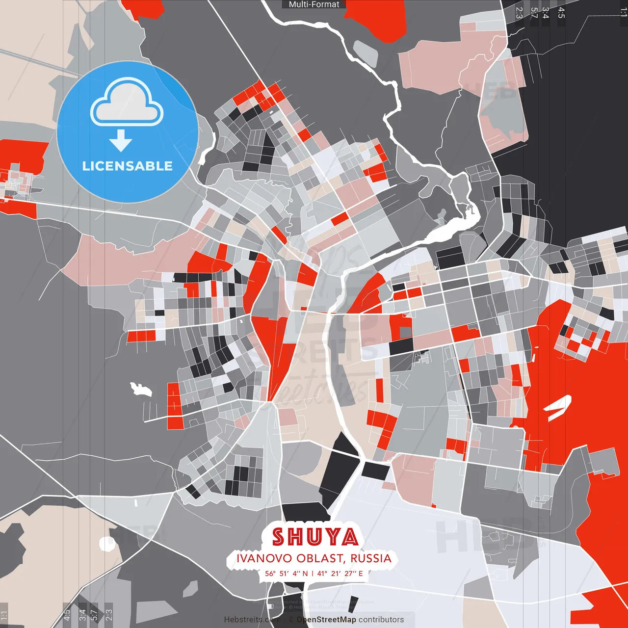 Shuya, Ivanovo Oblast, Russia - modern street map poster template with gray and red tones
