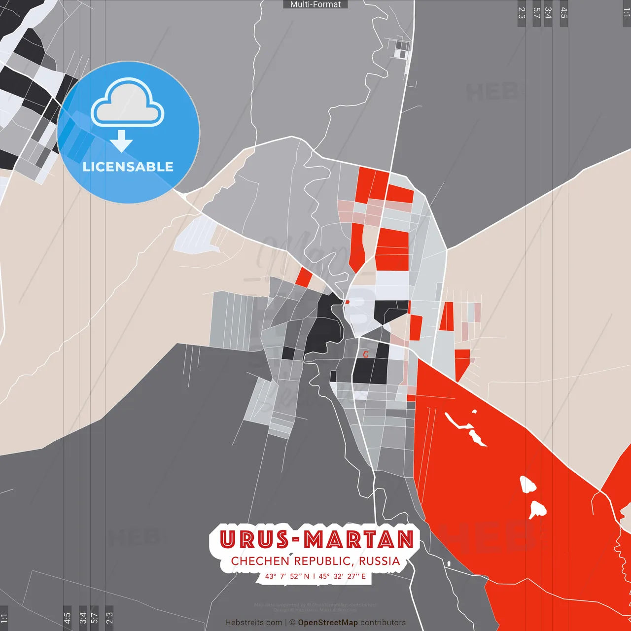 Urus-Martan, Chechen Republic, Russia - modern street map poster template with gray and red tones