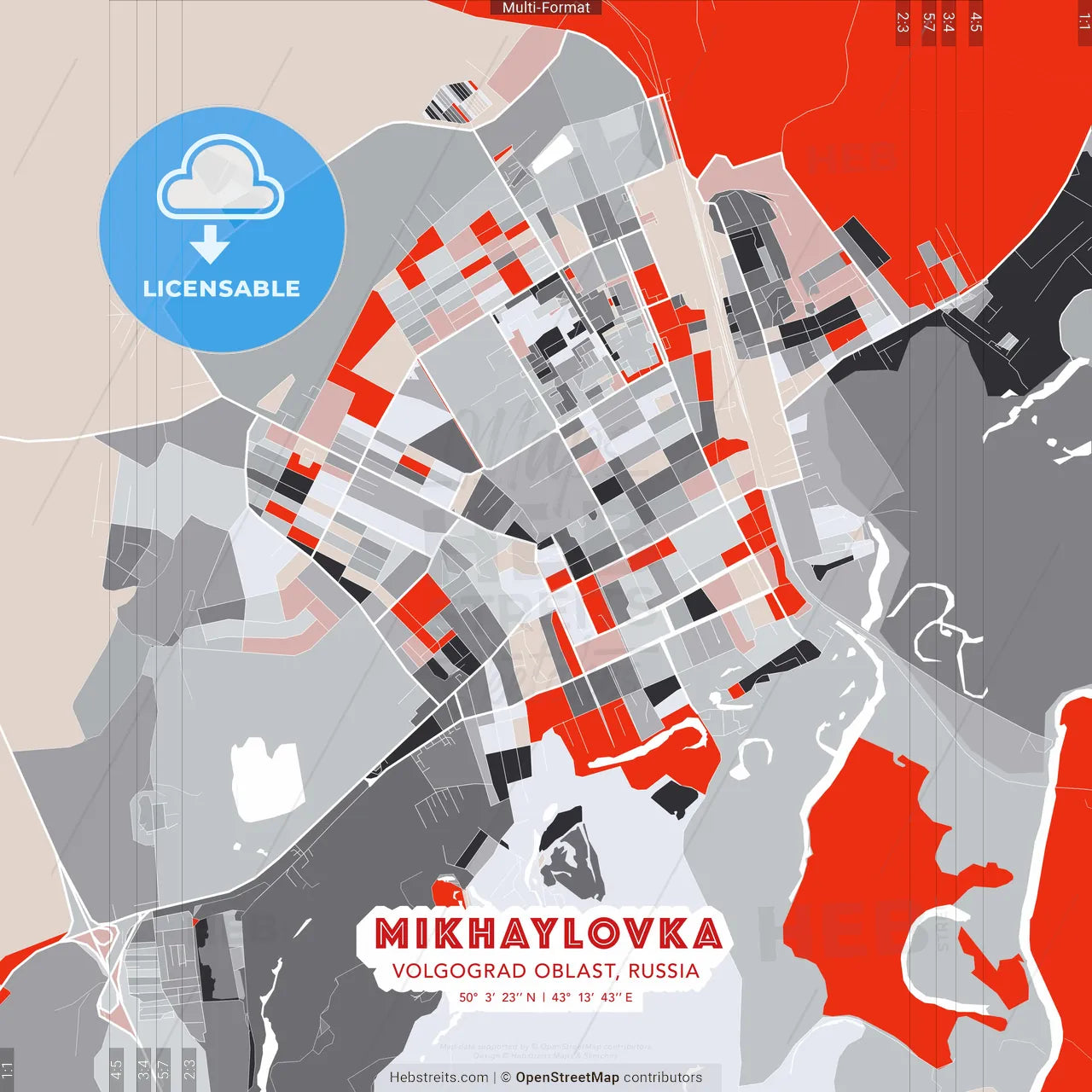 Mikhaylovka, Volgograd Oblast, Russia - modern street map poster template with gray and red tones
