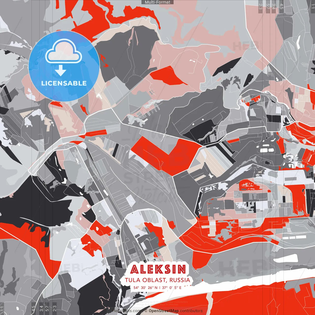 Aleksin, Tula Oblast, Russia - modern street map poster template with gray and red tones