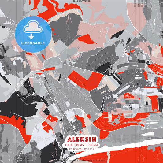 Aleksin, Tula Oblast, Russia - modern street map poster template with gray and red tones