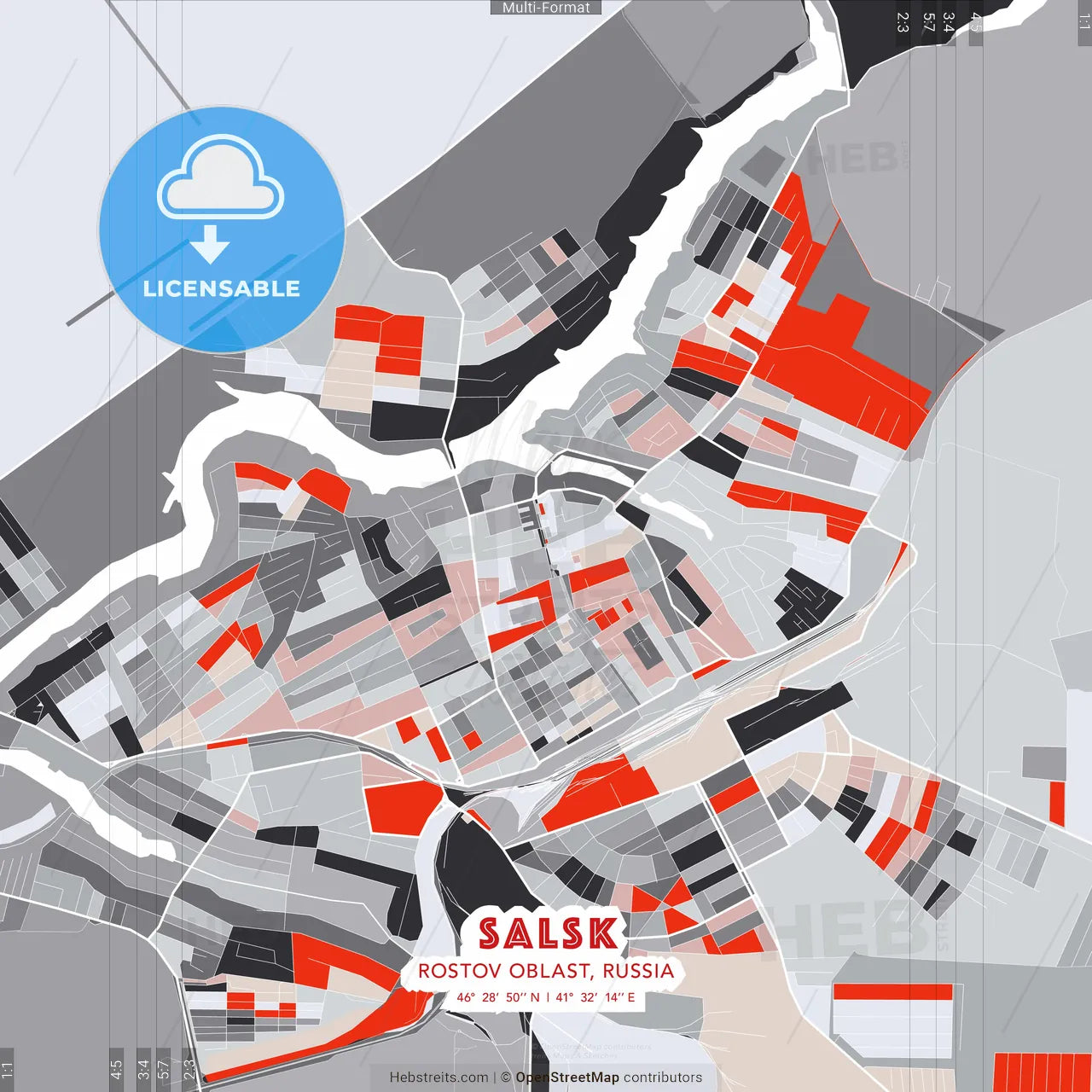 Salsk, Rostov Oblast, Russia - modern street map poster template with gray and red tones
