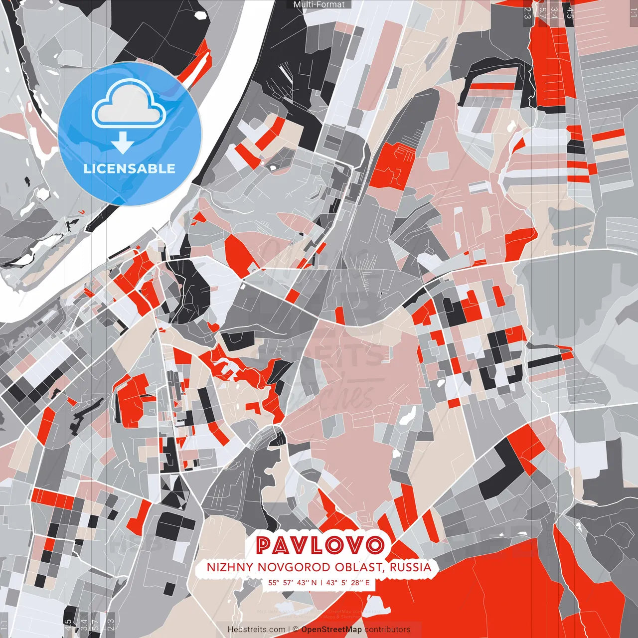 Pavlovo, Nizhny Novgorod Oblast, Russia - modern street map poster template with gray and red tones