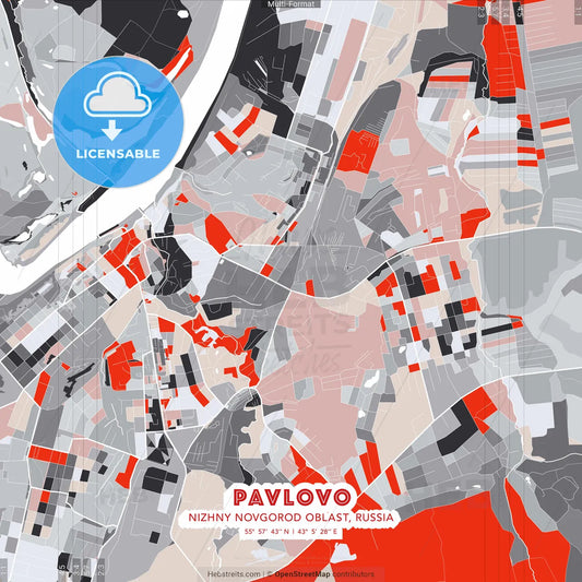 Pavlovo, Nizhny Novgorod Oblast, Russia - modern street map poster template with gray and red tones