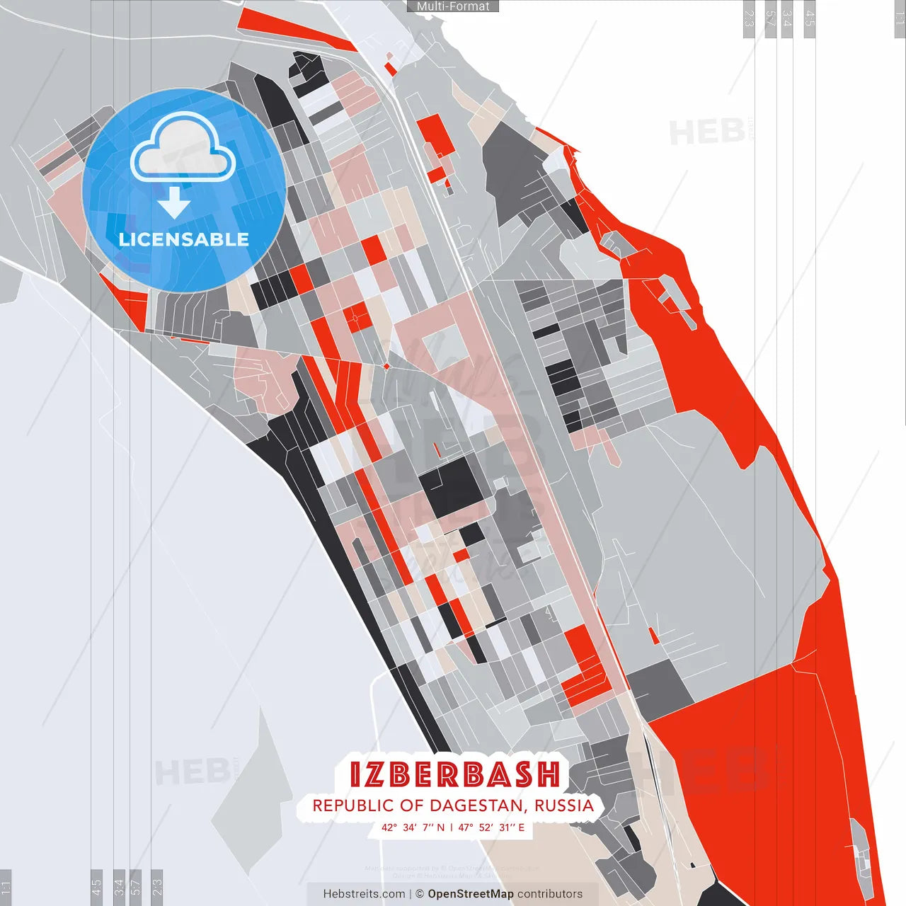 Izberbash, Republic of Dagestan, Russia - modern street map poster template with gray and red tones