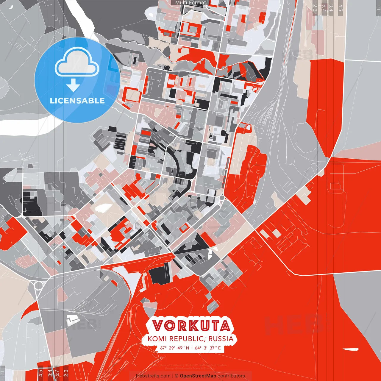 Vorkuta, Komi Republic, Russia - modern street map poster template with gray and red tones