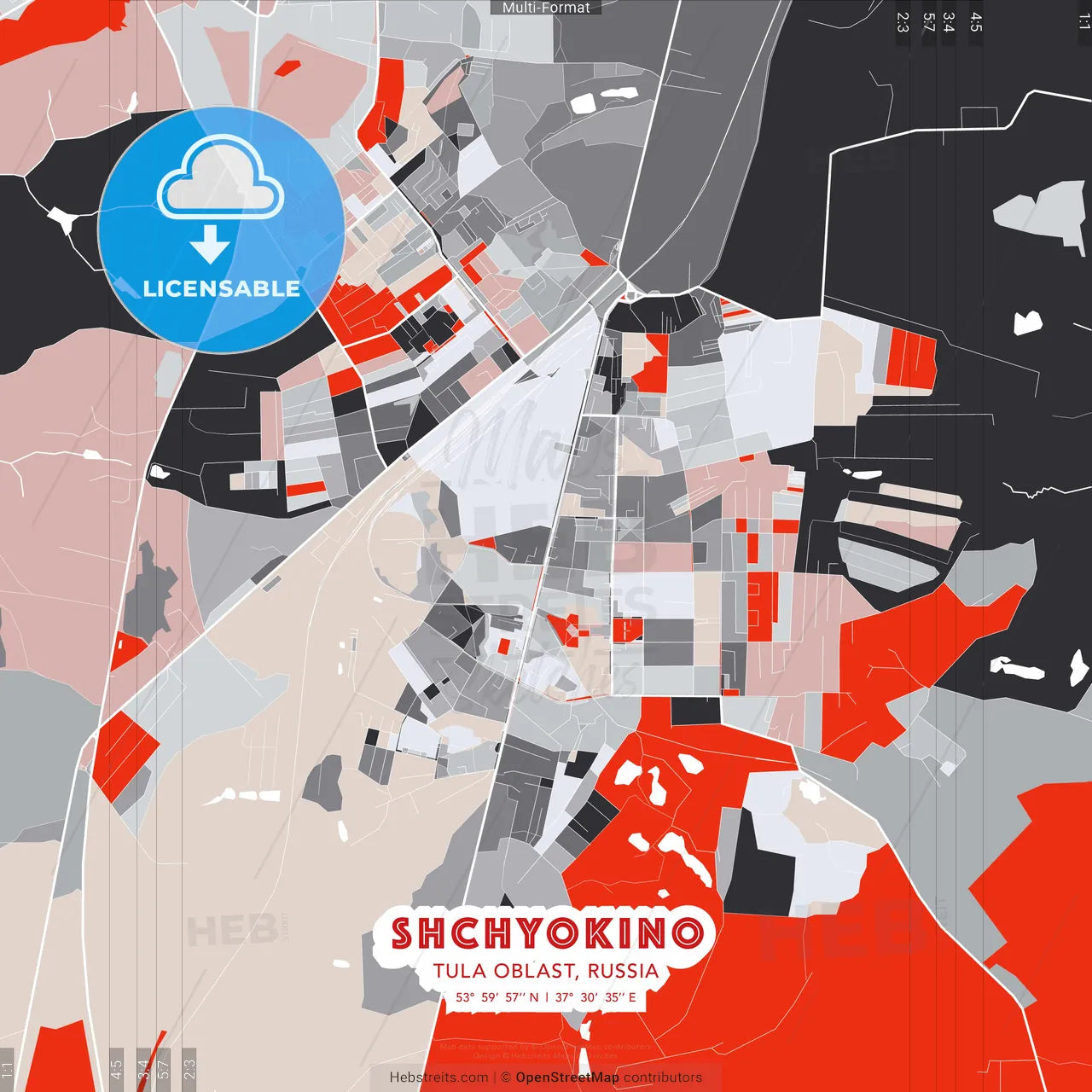 Shchyokino, Tula Oblast, Russia - modern street map poster template with gray and red tones