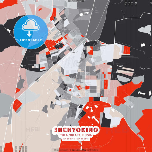Shchyokino, Tula Oblast, Russia - modern street map poster template with gray and red tones