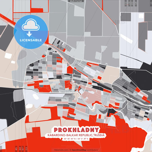 Prokhladny, Kabardino-Balkar Republic, Russia - modern street map poster template with gray and red tones