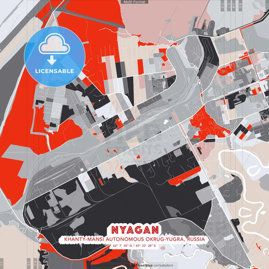 Nyagan, Khanty-Mansi Autonomous Okrug-Yugra, Russia - modern street map poster template with gray and red tones