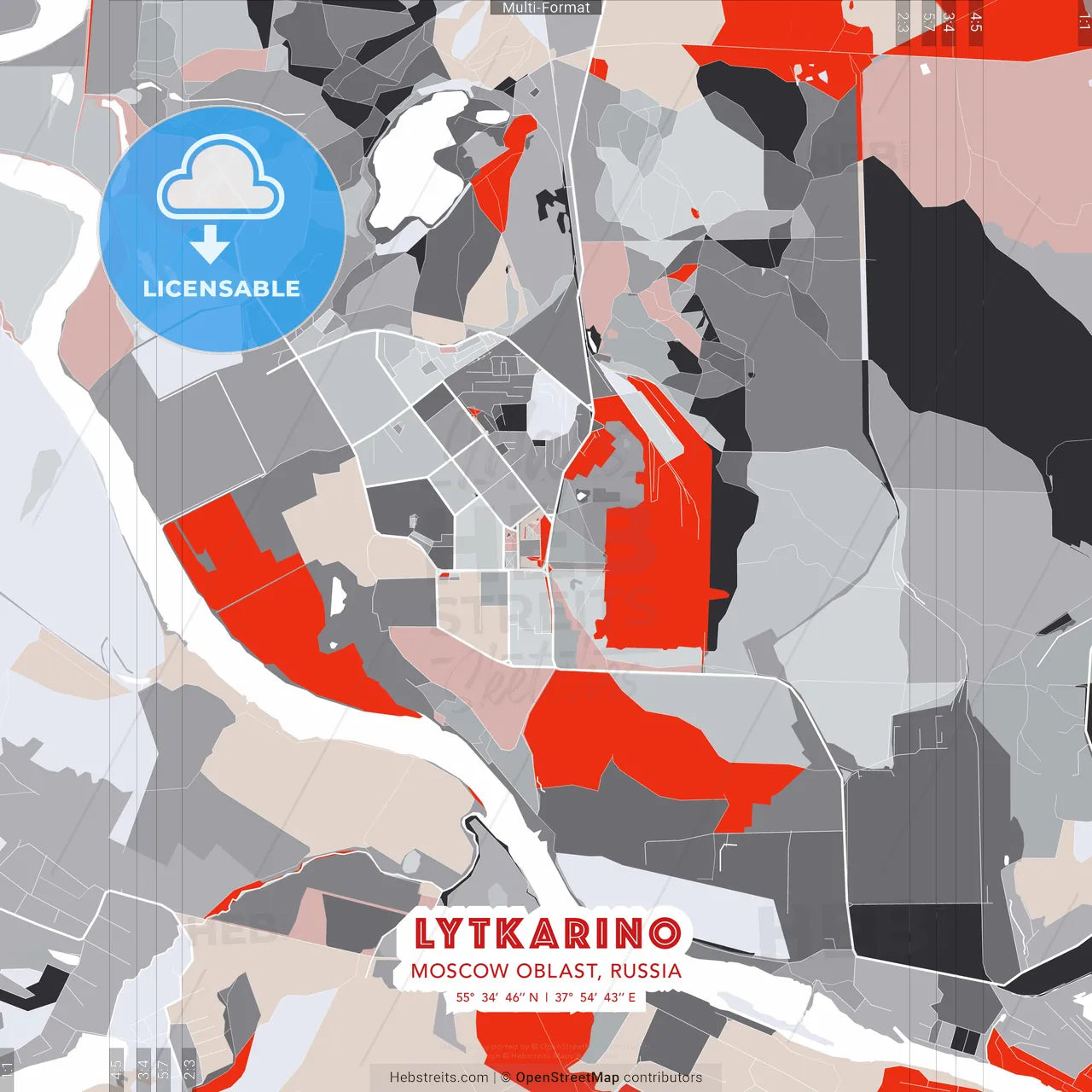 Lytkarino, Moscow Oblast, Russia - modern street map poster template with gray and red tones