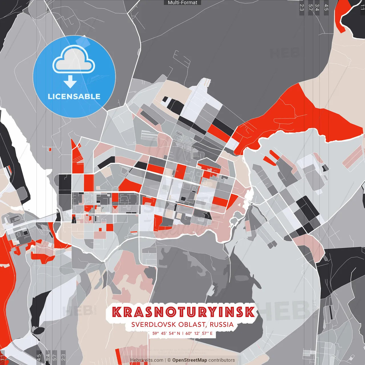 Krasnoturyinsk, Sverdlovsk Oblast, Russia - modern street map poster template with gray and red tones